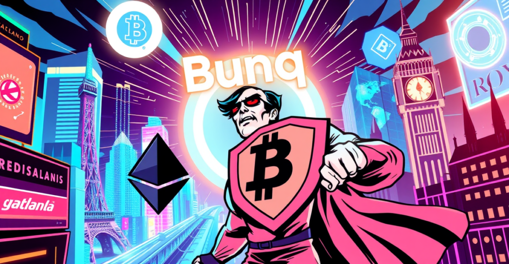 复古漫画风格封面展示Bunq银行进军加密货币领域，背景为未来城市和全球地标