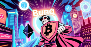 复古漫画风格封面展示Bunq银行进军加密货币领域，背景为未来城市和全球地标