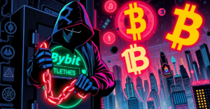 复古漫画风格插图展示Bybit黑客事件，阴影人物象征Lazarus Group攻击数字金库