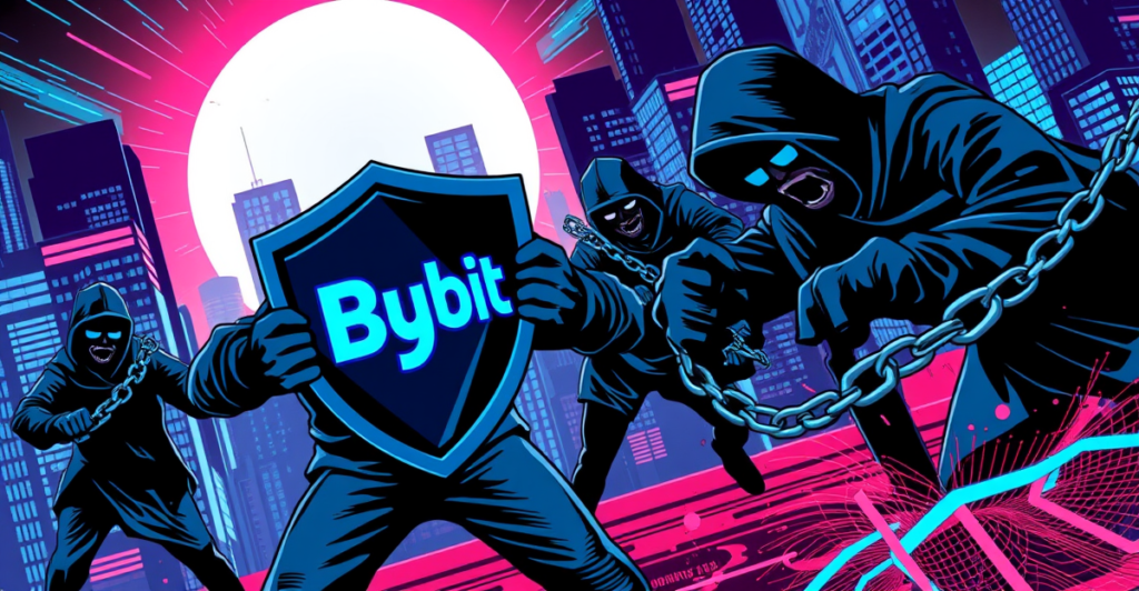 Bybit交易所标志在黑客攻击后以盾牌防御，象征安全与恢复