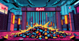 Bybit关闭NFT市场的复古漫画风格插图，展示了一扇关闭的大门和逐渐消失的NFT艺术品