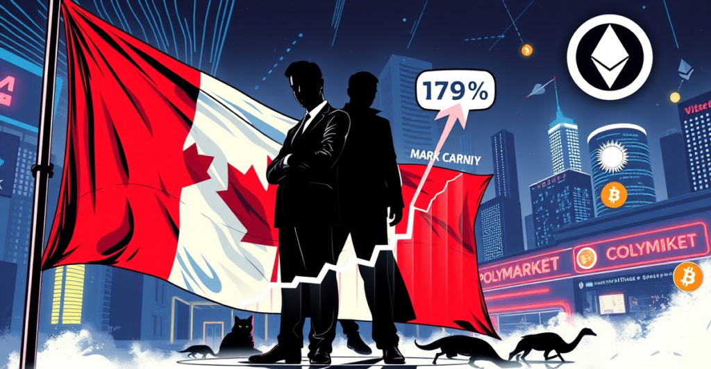 复古漫画风格插画展示加拿大总理选举中的加密货币投注场景，马克·卡尼站在上升的趋势图前，背景是数字化的加拿大国旗和加密货币符号。
