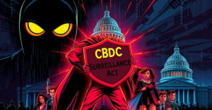英雄人物站在阴影中的政府监控系统前，手持标有'CBDC反监控国家法案'的盾牌，保护公民金融隐私