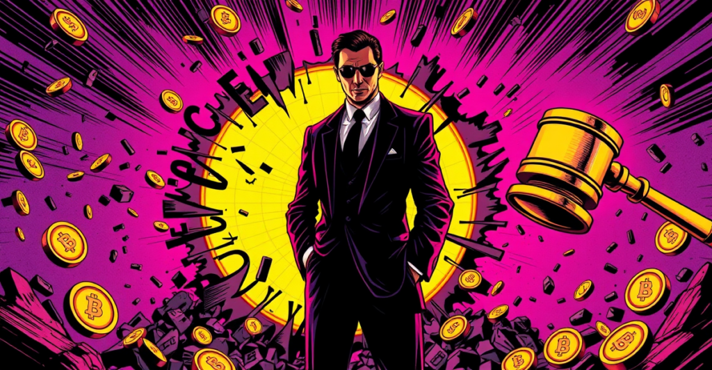 Alex Mashinsky站在崩溃的Celsius标志前，背景是下跌的加密货币和法官的锤子，象征Celsius欺诈案的严重性