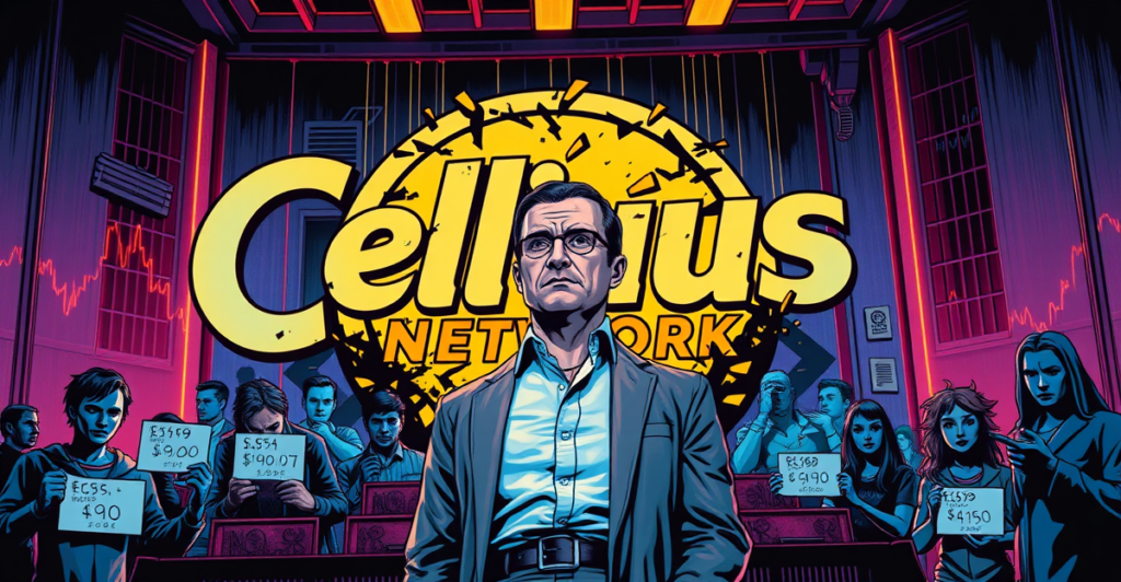 Alex Mashinsky站在法庭上，背景是崩溃的Celsius Network标志，象征平台倒闭和受害者影响