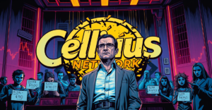 Alex Mashinsky站在法庭上，背景是崩溃的Celsius Network标志，象征平台倒闭和受害者影响