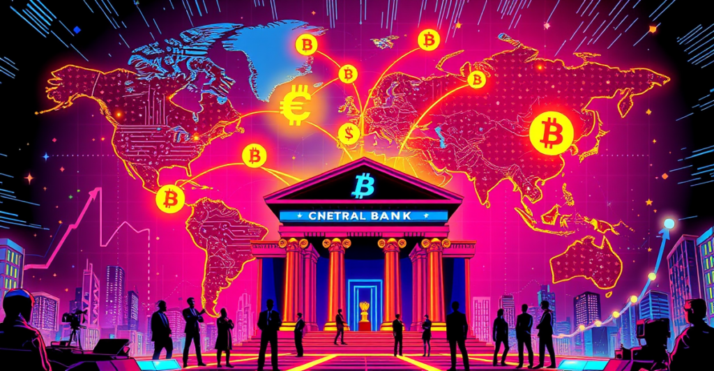 全球地图上闪耀的数字货币符号通过霓虹线连接，象征中央银行数字货币（CBDC）的互联性