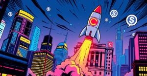 Circle Internet Group的IPO申请，以复古漫画风格展示其标志变成火箭飞向纽交所
