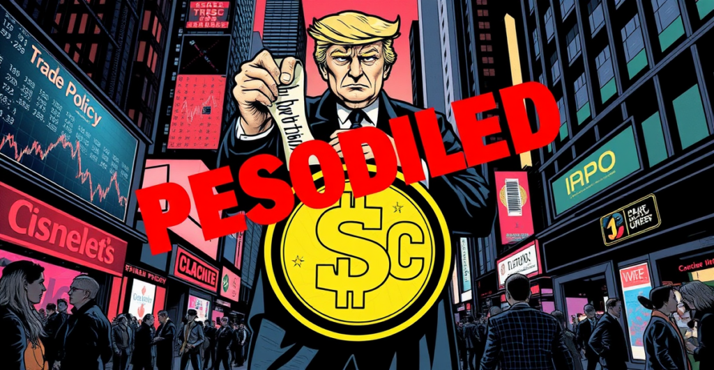 象征Circle推迟IPO的复古漫画封面，USDC稳定币符号在前景，唐纳德·特朗普形象持'贸易政策'卷轴在后，背景是混乱的股市行情。
