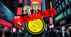 象征Circle推迟IPO的复古漫画封面，USDC稳定币符号在前景，唐纳德·特朗普形象持'贸易政策'卷轴在后，背景是混乱的股市行情。