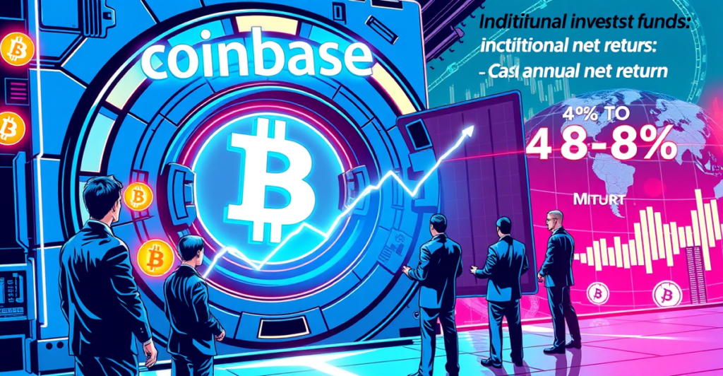 Coinbase Bitcoin Yield Fund的复古漫画封面，展示机构投资者在比特币符号前分析上升趋势图