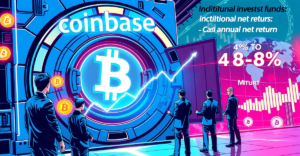 Coinbase Bitcoin Yield Fund的复古漫画封面，展示机构投资者在比特币符号前分析上升趋势图