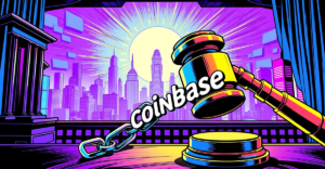 象征Coinbase诉讼撤销的复古漫画风格插图，展示打破的锁链和未来城市背景