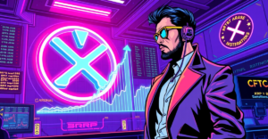 Coinbase上线XRP期货合约的复古漫画风格封面，展示交易员在霓虹色交易大厅分析XRP期货增长