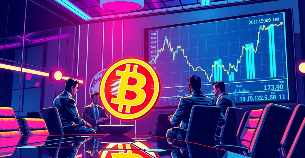 企业高管围绕发光的比特币符号讨论，背景是飙升的比特币价格图表