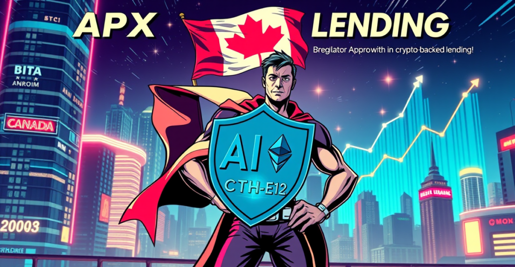 APX Lending站在未来城市景观前，手持比特币和以太坊标志的盾牌，象征加密担保贷款的新时代