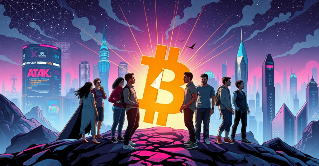 复古漫画风格封面展示一群人站在数字货币景观上，象征加密货币道德金融的团结与去中心化精神