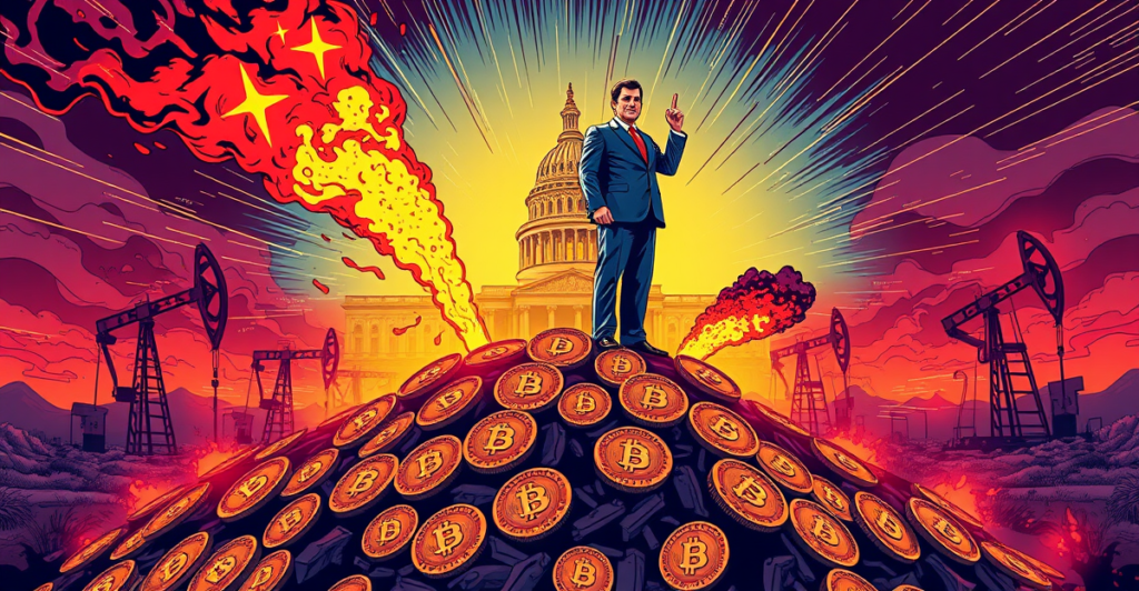 德克萨斯州参议员泰德·克鲁兹站在比特币硬币山上，背景是德州议会大厦和火炬气转化为数字流的油井，象征加密货币矿工激励法案。