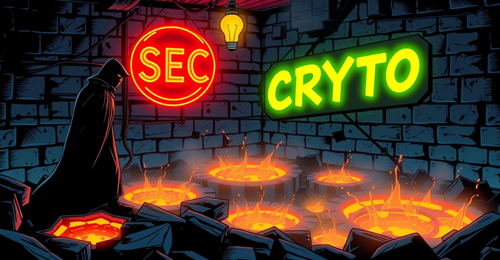 象征加密货币监管的复古漫画封面，展示金融公司在黑暗中谨慎前行，背景是熔岩坑和SEC标志