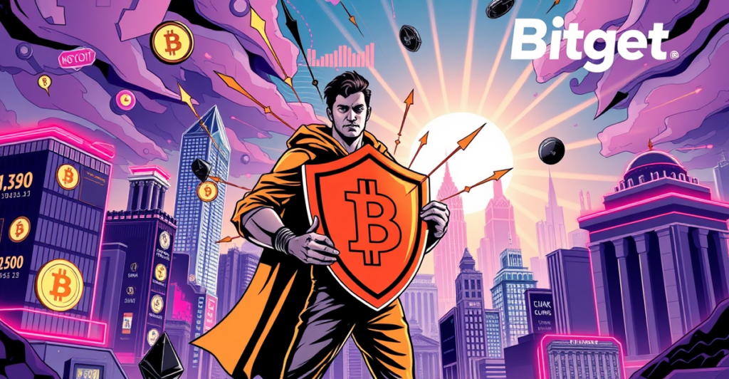 复古漫画风格插图展示加密货币与传统金融的融合，前景是一位投资者站在数字与金融符号交汇处。