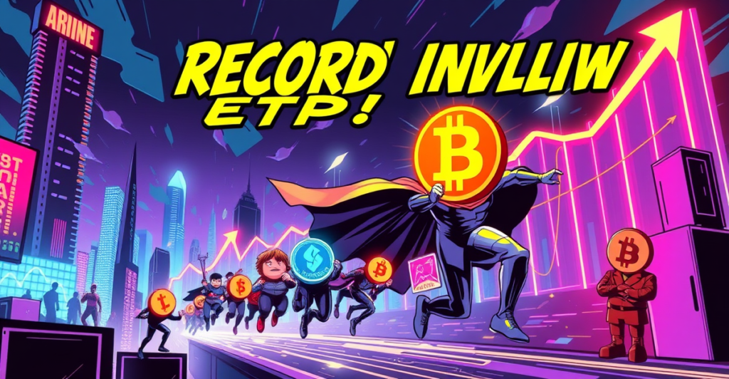 复古漫画风格封面展示比特币带领加密货币ETPs创纪录流入，Solana独自落后