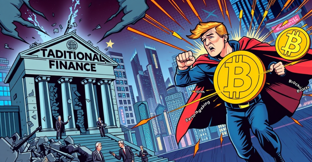 埃里克·特朗普作为超级英雄引领加密货币对抗传统银行的复古漫画封面