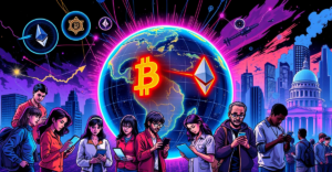 全球加密货币采用地图，突出显示高增长地区如印度尼西亚、越南、菲律宾和尼日利亚，人们正在使用数字货币进行交易和开发。