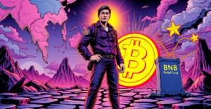 赵长鹏站在泰国和缅甸地图前，背景是发光的BNB代币符号，象征加密货币捐赠救灾