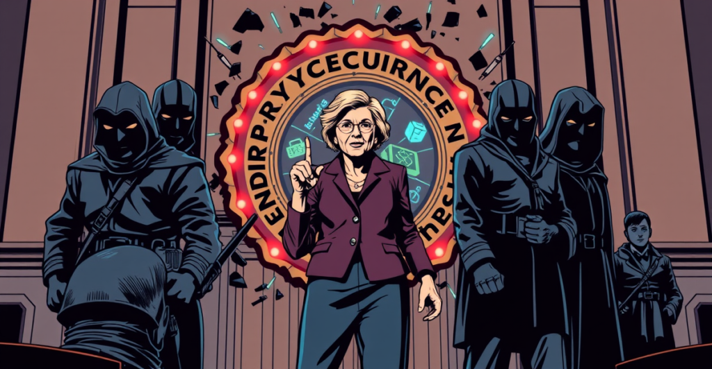 复古漫画风格插图展示Elizabeth Warren等参议员反对解散加密货币执法团队的决定
