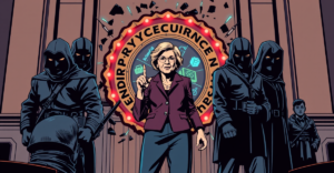 复古漫画风格插图展示Elizabeth Warren等参议员反对解散加密货币执法团队的决定