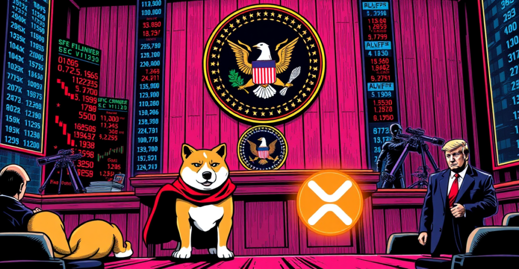 复古漫画风格插图展示SEC推迟决定Dogecoin和XRP加密货币ETF的未来，背景是波动的市场数据和观察者。