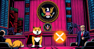 复古漫画风格插图展示SEC推迟决定Dogecoin和XRP加密货币ETF的未来，背景是波动的市场数据和观察者。
