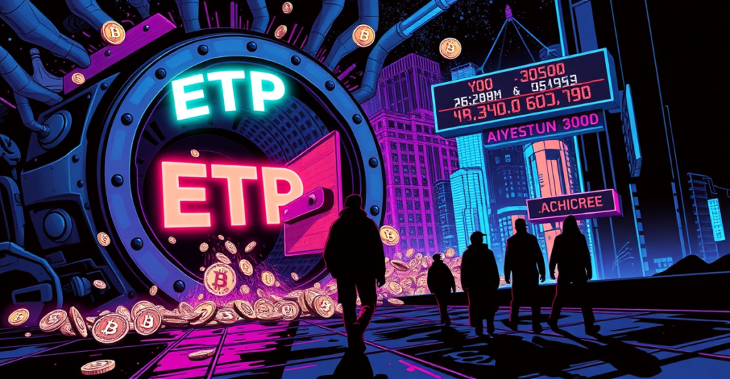 复古漫画风格插图展示ETP标志与资金外流，象征加密货币ETP资金外流现象
