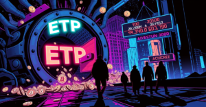 复古漫画风格插图展示ETP标志与资金外流，象征加密货币ETP资金外流现象