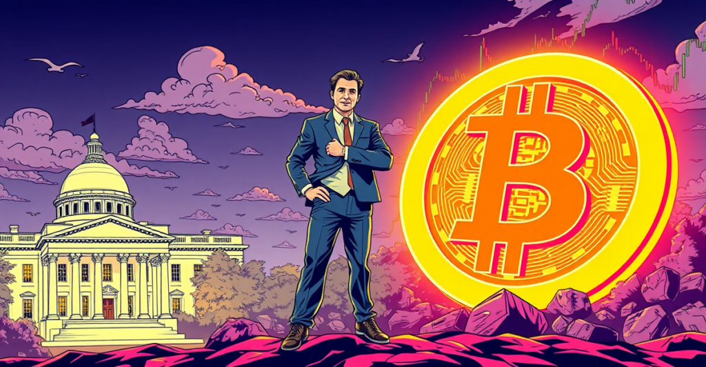 加密货币投资者站在发光的比特币符号前，背景是波动的市场趋势图