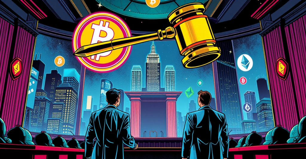 Samourai Wallet创始人在法庭上争取时间，背景是加密货币符号和霓虹城市景观