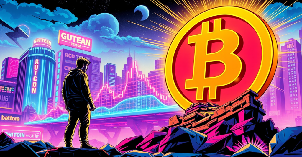 一名交易员站在发光的比特币符号前，背景是显示市场触底后可能反弹的图表，象征着加密货币市场的未来潜力。