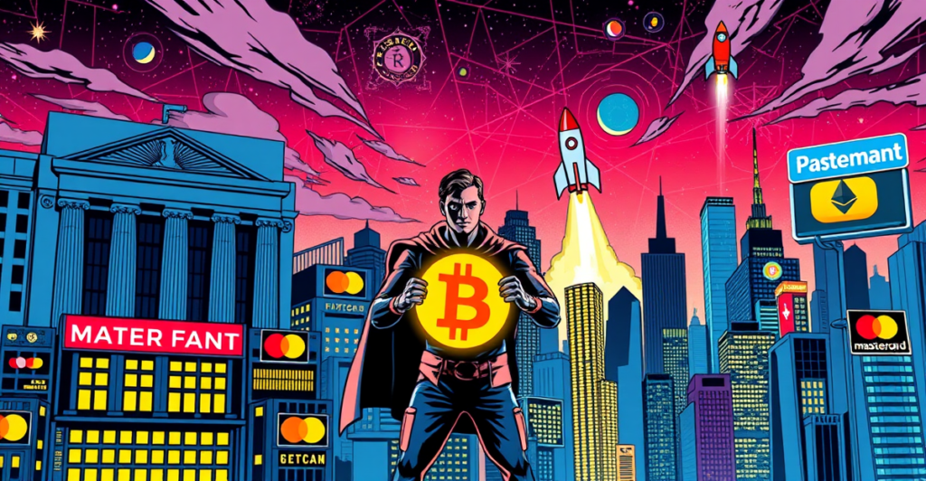 复古漫画风格插画展示数字资产与传统货币共存的未来城市景观