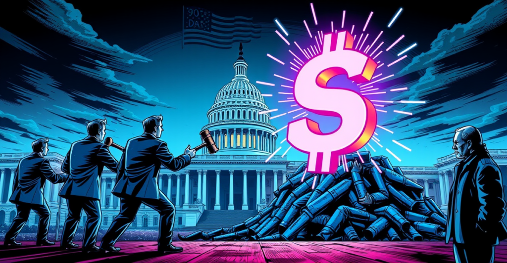 复古漫画风格插画展示SEC员工与加密货币象征之间的监管斗争，背景为美国国会大厦。