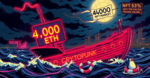 一位鲸鱼投资者站在标有'CryptoPunk NFT市场'的沉船上，背景是下跌的NFT市场