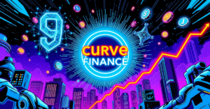 Curve Finance的标志在霓虹灯下闪耀，周围是象征交易量增长的区块链和数字硬币，背景是显示上升趋势的图表