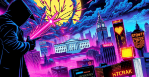 复古漫画风格插图展示DDoS攻击对数字世界的破坏，象征网络安全挑战