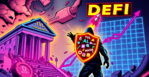 象征性描绘去中心化金融（DeFi）协议与传统金融对抗的复古漫画风格封面，背景显示TVL下降至1560亿美元，但AI和社交应用逆势增长。