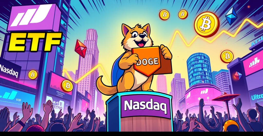 狗狗币ETF申请封面：一只象征狗狗币的英勇狗站在纳斯达克标志前的领奖台上，背景是上涨的市场趋势图