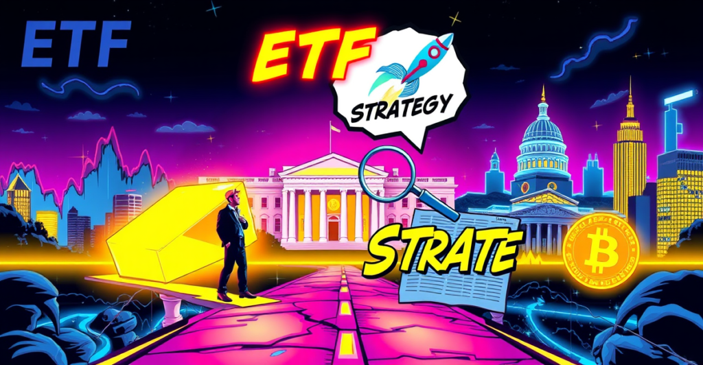 交易员站在分岔路口，一边是黄金ETF象征，另一边是加密货币ETF，背景是波动的股市图表