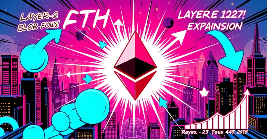 以太坊标志周围环绕着象征blob费用的数字斑点，背景是代表Layer-2扩展的未来城市景观