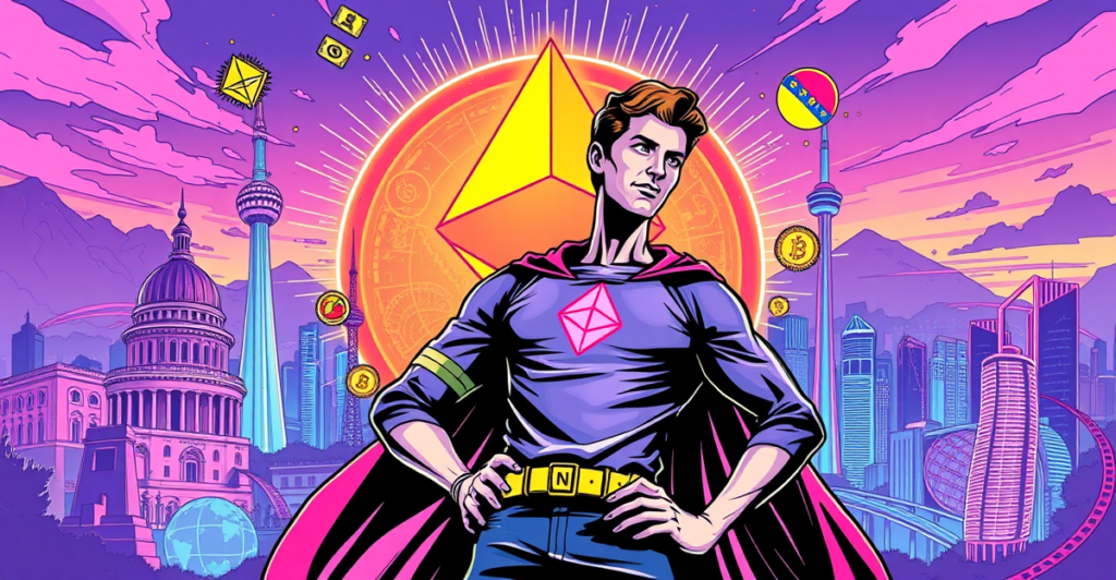 Vitalik Buterin站在发光的以太坊标志前，背景是全球地标和加密符号，象征着他的全球旅程和以太坊的影响