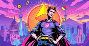Vitalik Buterin站在发光的以太坊标志前，背景是全球地标和加密符号，象征着他的全球旅程和以太坊的影响