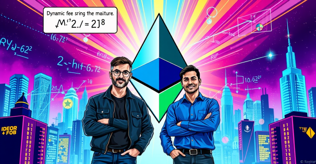 以太坊社区成员Kevin Owocki和Devansh Mehta站在以太坊标志前，背景是动态费用结构的视觉表现