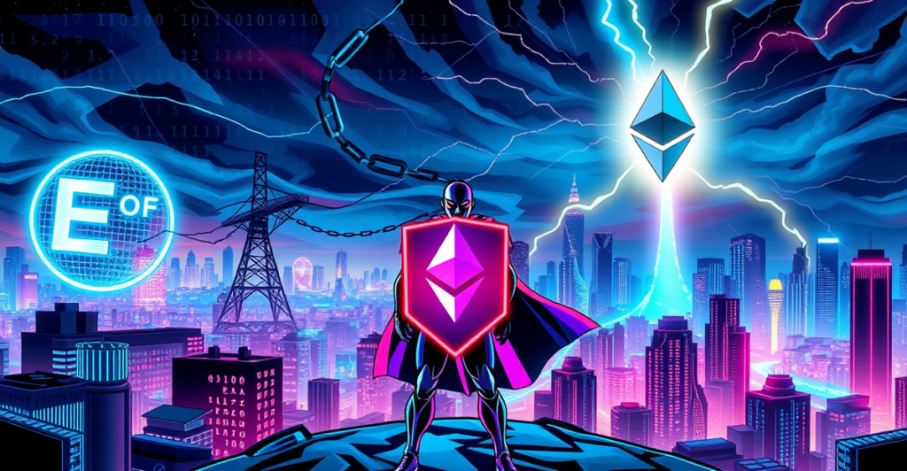 复古漫画风格封面展示以太坊Fusaka硬分叉，背景为未来城市和区块链符号